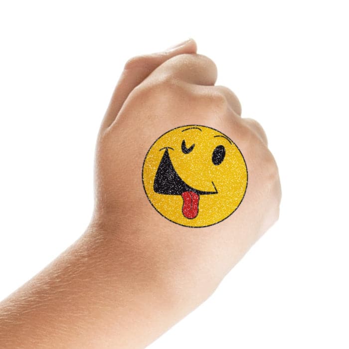 Glitter Smiley Face with Tongue Out Temporary Tattoo 2 in x 2 in