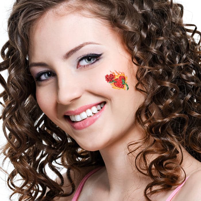 Glitter Flaming Heart and Rose Temporary Tattoo 2 in x 2 in