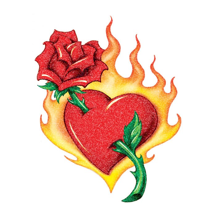 Glitter Flaming Heart and Rose Temporary Tattoo 2 in x 2 in
