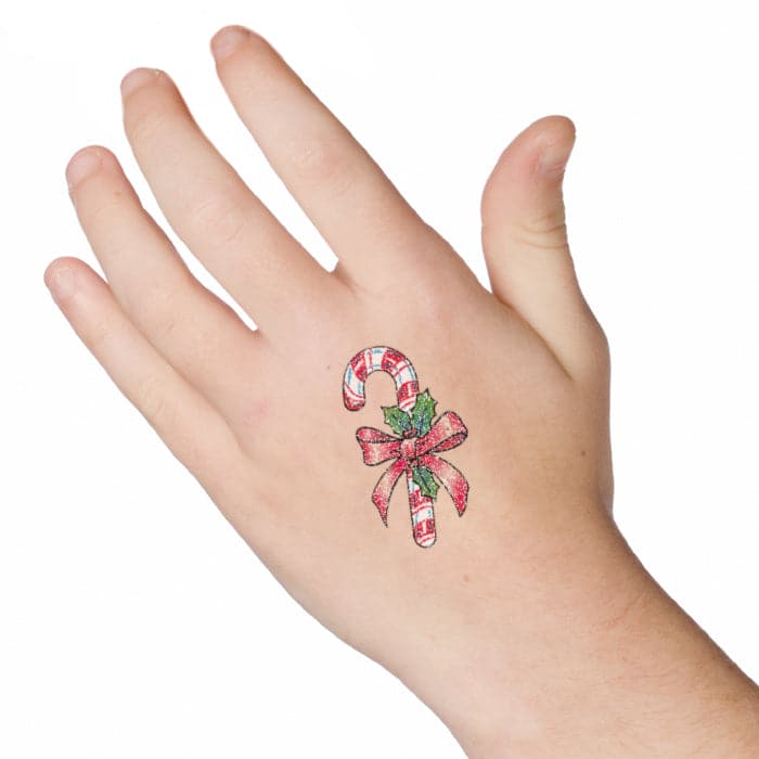 Glitter Candy Cane with Ribbon Temporary Tattoo 2 in x 2 in