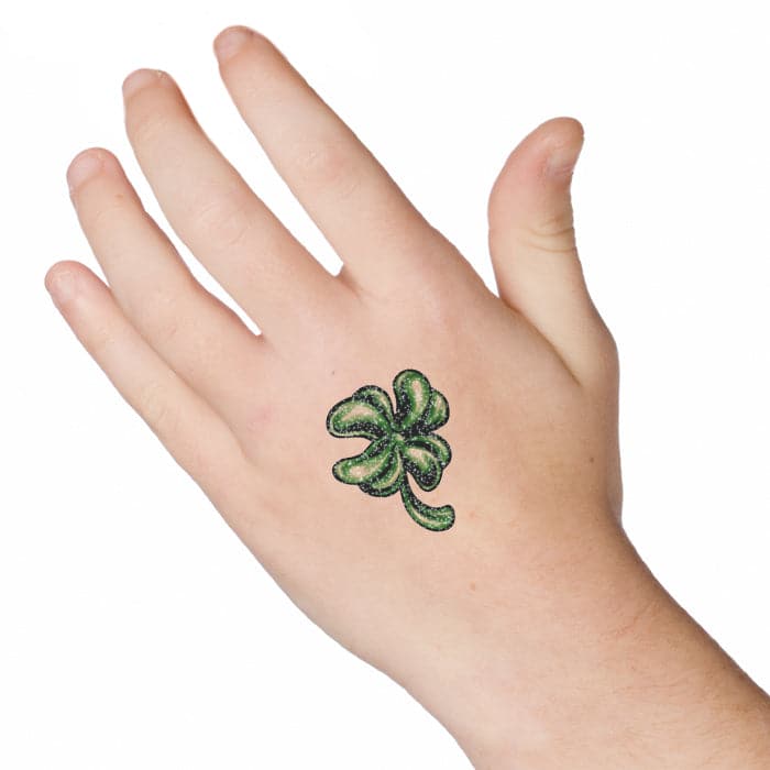Glitter Detailed Four Leaf Clover Temporary Tattoo 2 in x 2 in