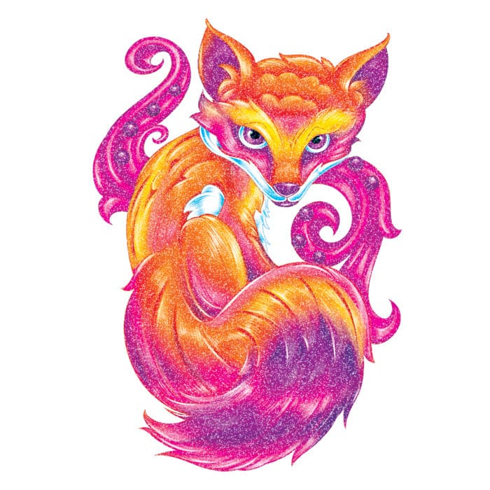 Glitter Purple and Orange Fox Temporary Tattoo 3.5 in x 2.5 in