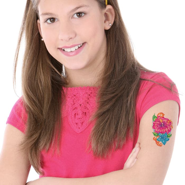 Glitter Pink Flower Temporary Tattoo 3.5 in x 2.5 in