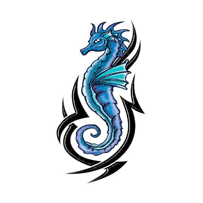 Glitter Blue and Black Tribal Seahorse Temporary Tattoo 2 in x 2 in