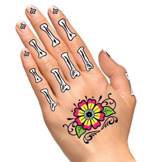 Glitter Day of the Dead Floral Hands Temporary Tattoo 4 in x 8.5 in