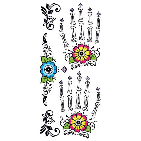 Glitter Day of the Dead Floral Hands Temporary Tattoo 4 in x 8.5 in