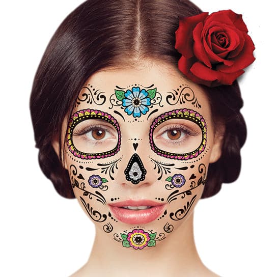 Glitter Day of the Dead Floral Face Temporary Tattoo 6 in x 5 in