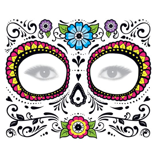 Glitter Day of the Dead Floral Face Temporary Tattoo 6 in x 5 in
