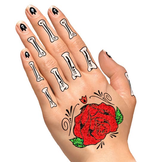 Glitter Day of the Dead Red Rose Hands Temporary Tattoo 4 in x 8.5 in