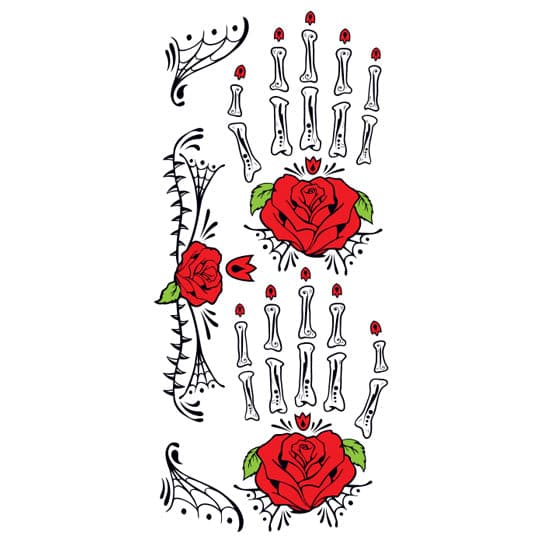 Glitter Day of the Dead Red Rose Hands Temporary Tattoo 4 in x 8.5 in