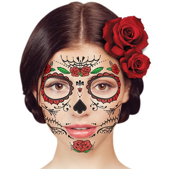 Glitter Day of the Dead Red Rose Face Temporary Tattoo 6 in x 5 in
