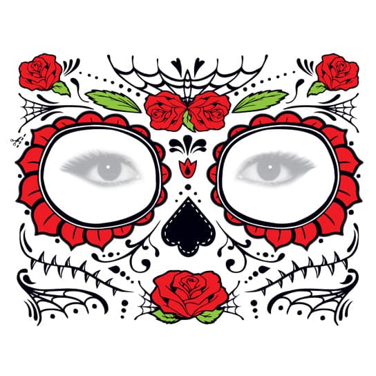 Glitter Day of the Dead Red Rose Face Temporary Tattoo 6 in x 5 in