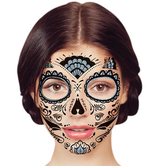 Glitter Day of the Dead Face Temporary Tattoo 6 in x 5 in