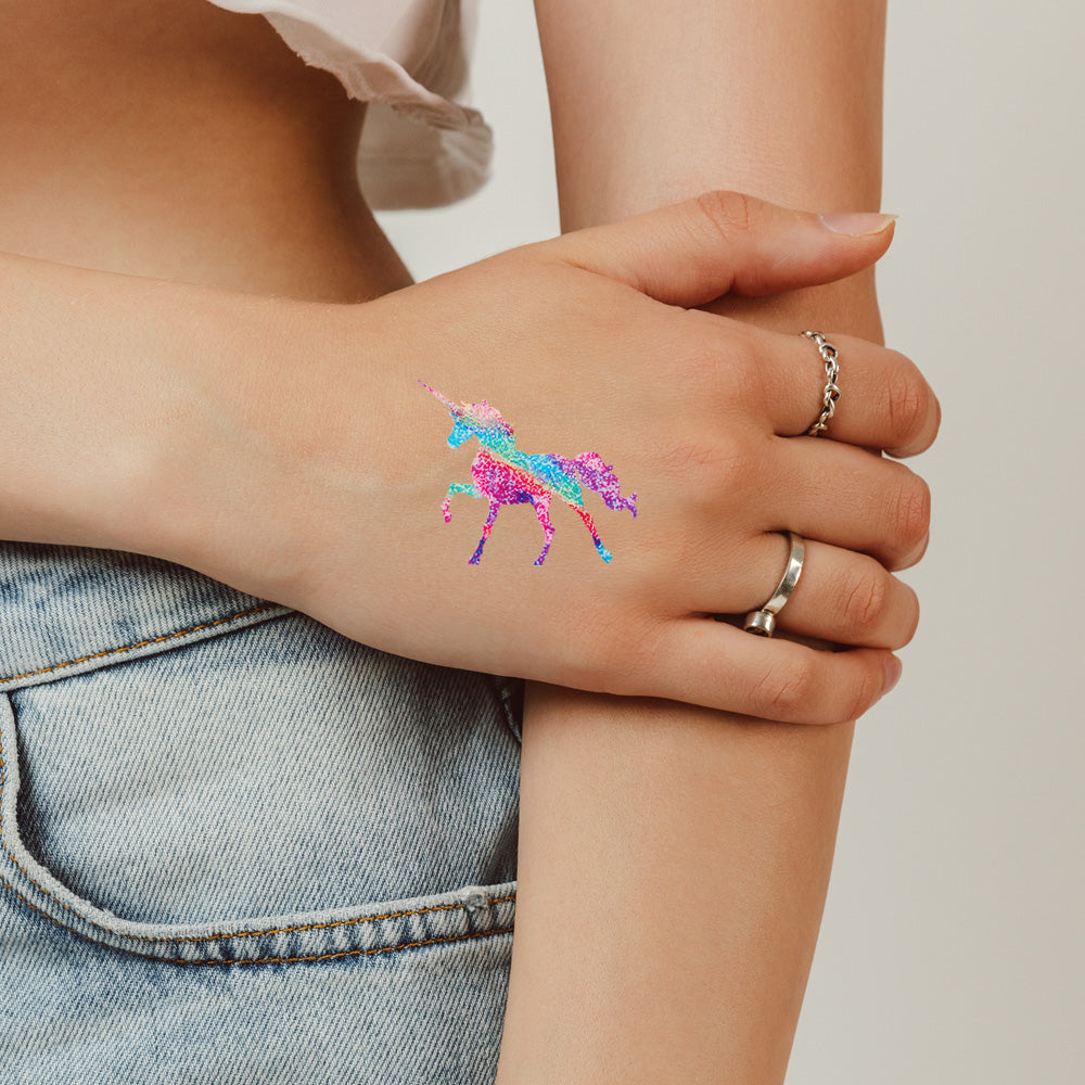 Glitter Rainbow Unicorn Temporary Tattoo 2 in X 2 in
