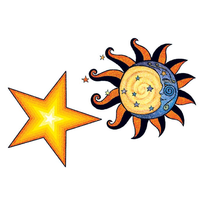 Glitter Sun and Stars Temporary Tattoo 3.5 in x 2.5 in