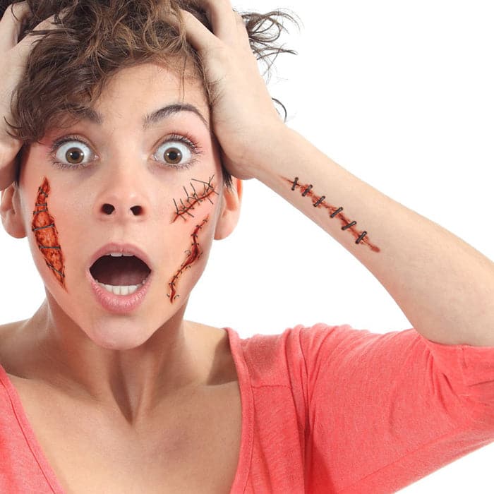 Gory Scary Stitches and Wounds Temporary Tattoo 3.5 in x 2.5 in