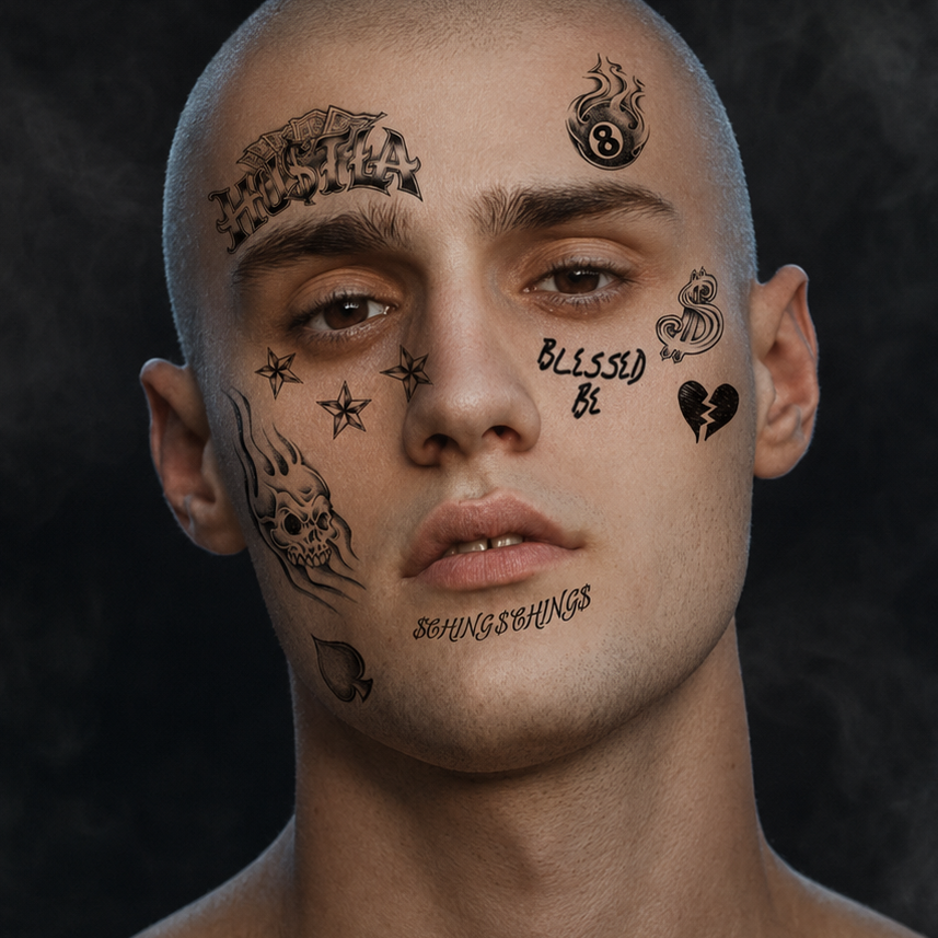 A close-up portrait of a shaved man with multiple black temporary tattoos on his face, including text, stars, a skull, and a heart, against a dark smoky background.