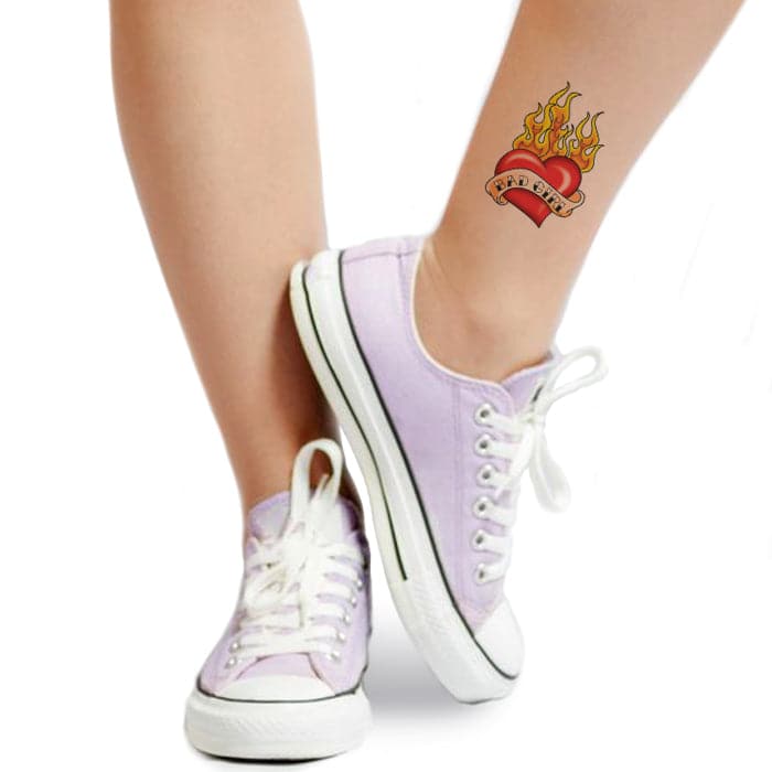 Bad Girl Flaming Heart Temporary Tattoo 3.5 in x 2.5 in