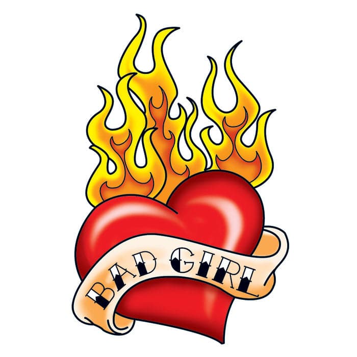 Bad Girl Flaming Heart Temporary Tattoo 3.5 in x 2.5 in