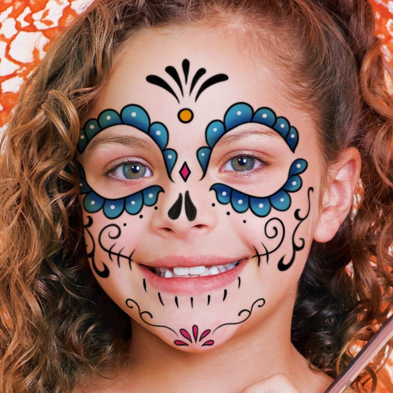 Blue Kids Sugar Skull Costume Tattoo 6 in x 5.25 in