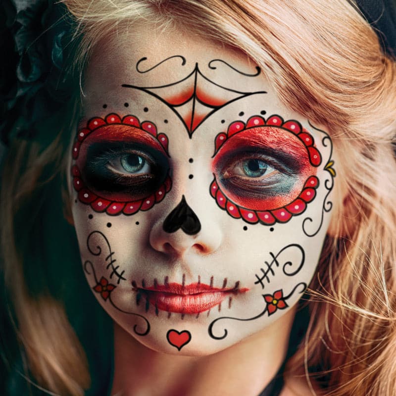 Red Kids Sugar Skull Costume Tattoo 6 in x 5.25 in