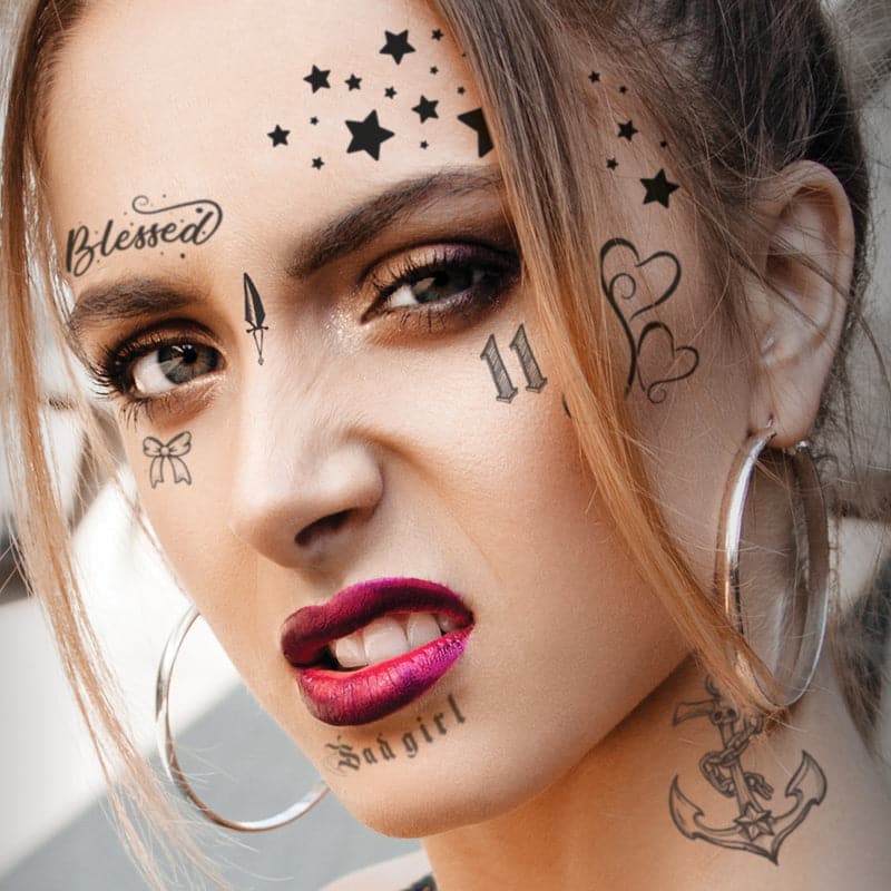 Black Ink Realistic Girl Face Costume Tattoos 5.25 in x 6 in