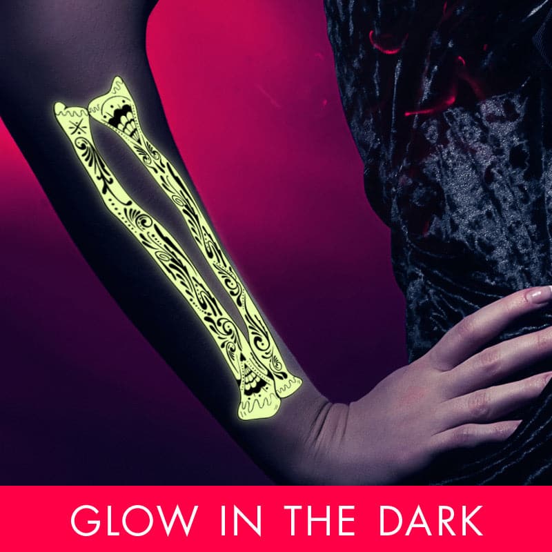 Glow in the Dark Sugar Skull Arm Bones Costume Tattoo 3.875 in x 8.5 in
