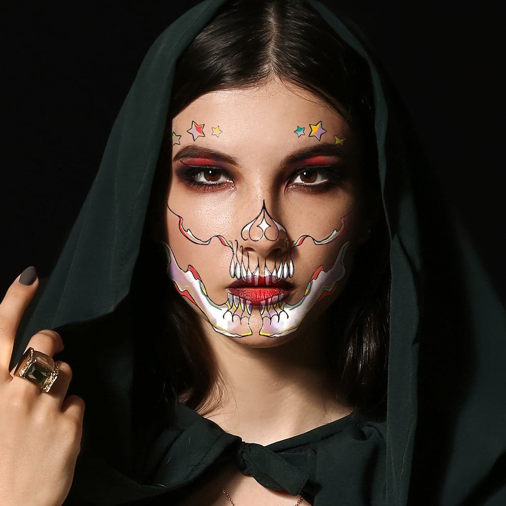 Metallic Stars Glam Skull Costume Tattoo 6 in x 5.25 in