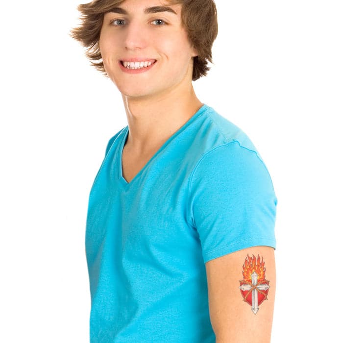 Flaming Cross and Shield Temporary Tattoo 3.5 in x 2.5 in