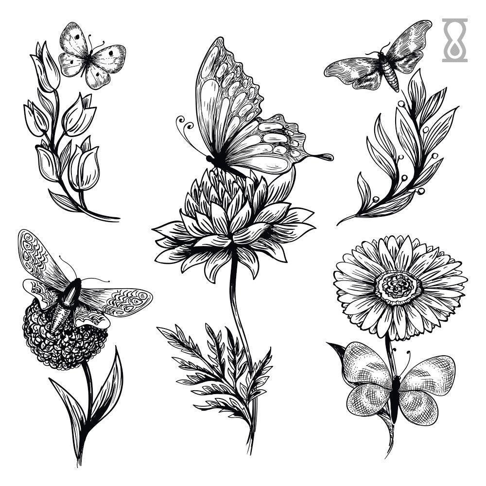Butterfly Garden Flower Semi-Permanent Tattoo 3 in x 3 in
