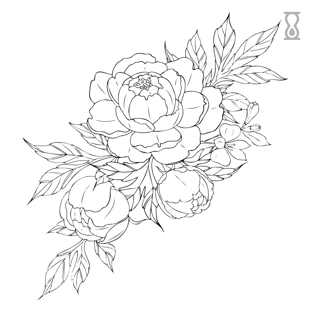 Peony Floral Line Semi-Permanent Tattoo 4 in x 6 in