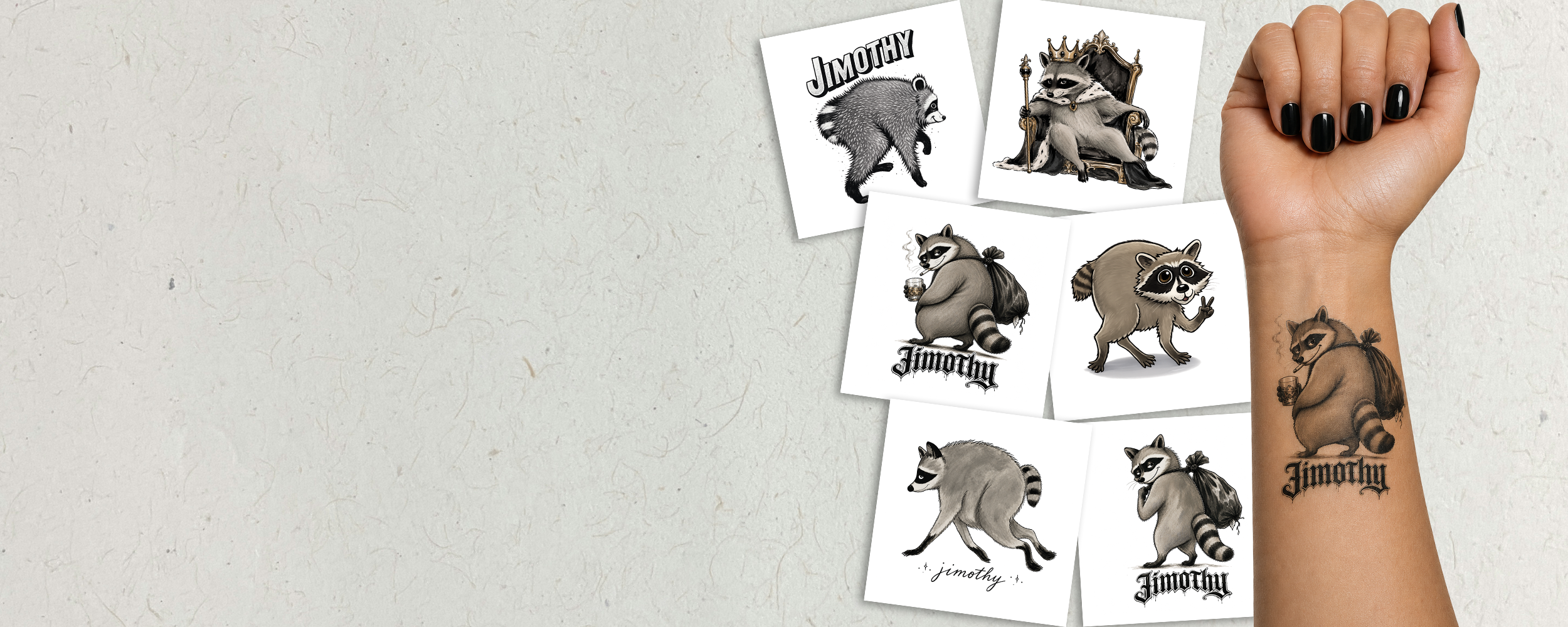 A hand with black nail polish displays a temporary tattoo of a raccoon with the word 'Immunity' on the wrist, next to five sample cards showing different raccoon tattoo designs on a light gray textured background.