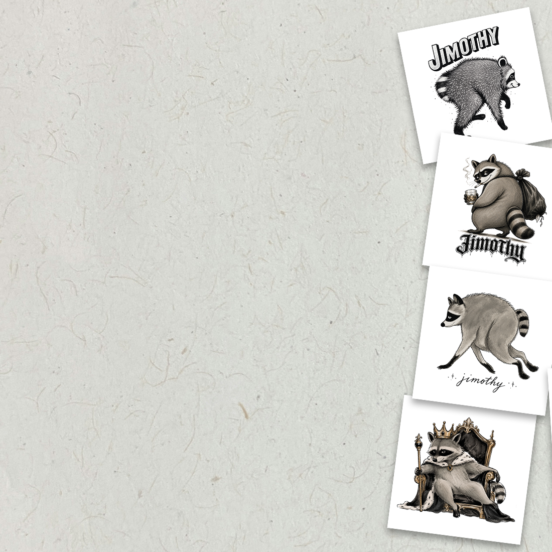 Four white square cards featuring black-and-gray raccoon illustrations with the name 'Jimothy' in stylized lettering, arranged vertically on the right side of a light textured gray background.
