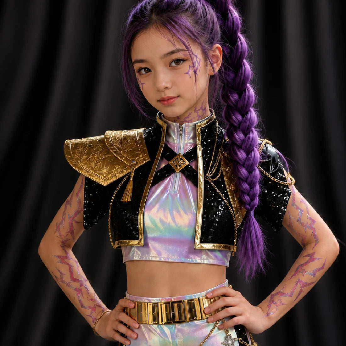 Person with purple hair styled in braids, wearing a black and gold outfit with a colorful top against a black background. Temporary tattoo markings
