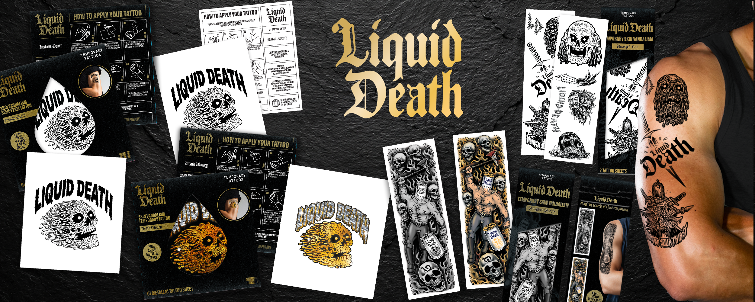 Collection of 'Liquid Death' tattoo designs and packaging on a dark background.