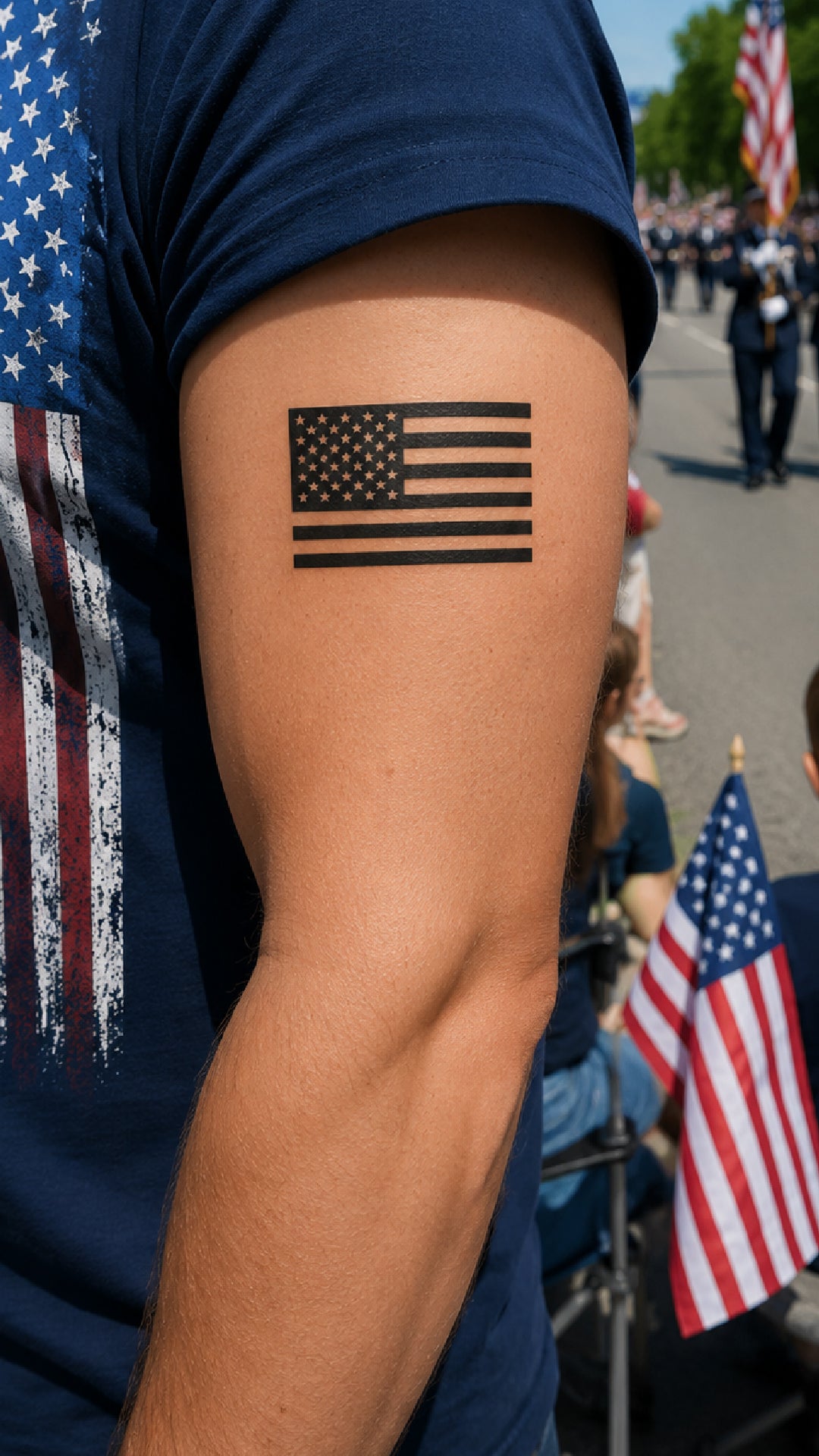 Person with American flag temporary tattoo on arm at outdoor event with flags