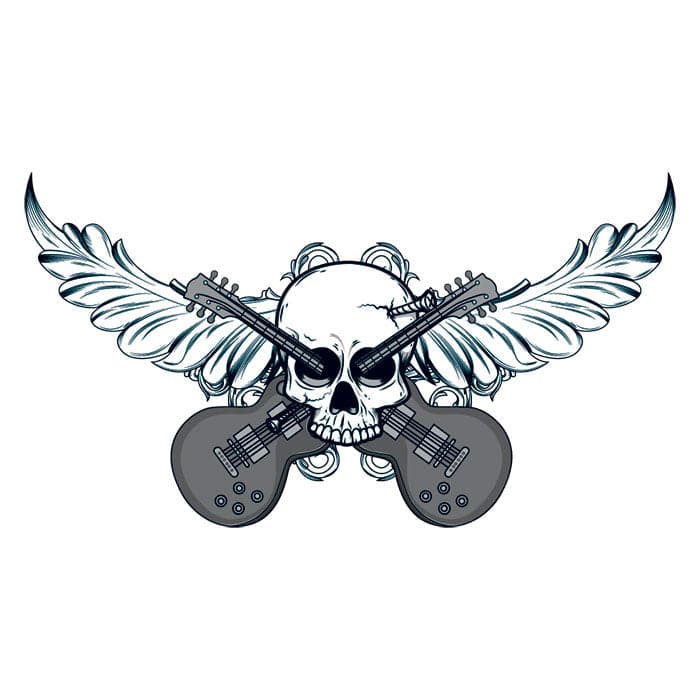 Skull with Guitars Temporary Tattoo 3.5 in x 2.5 in