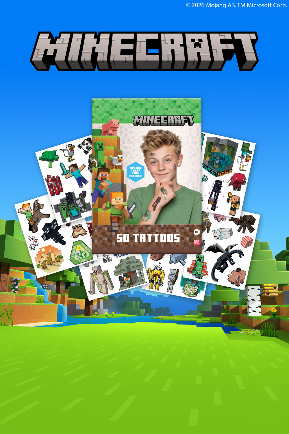 Minecraft temporaary tattoo cover with character and game graphics on a blue and green background