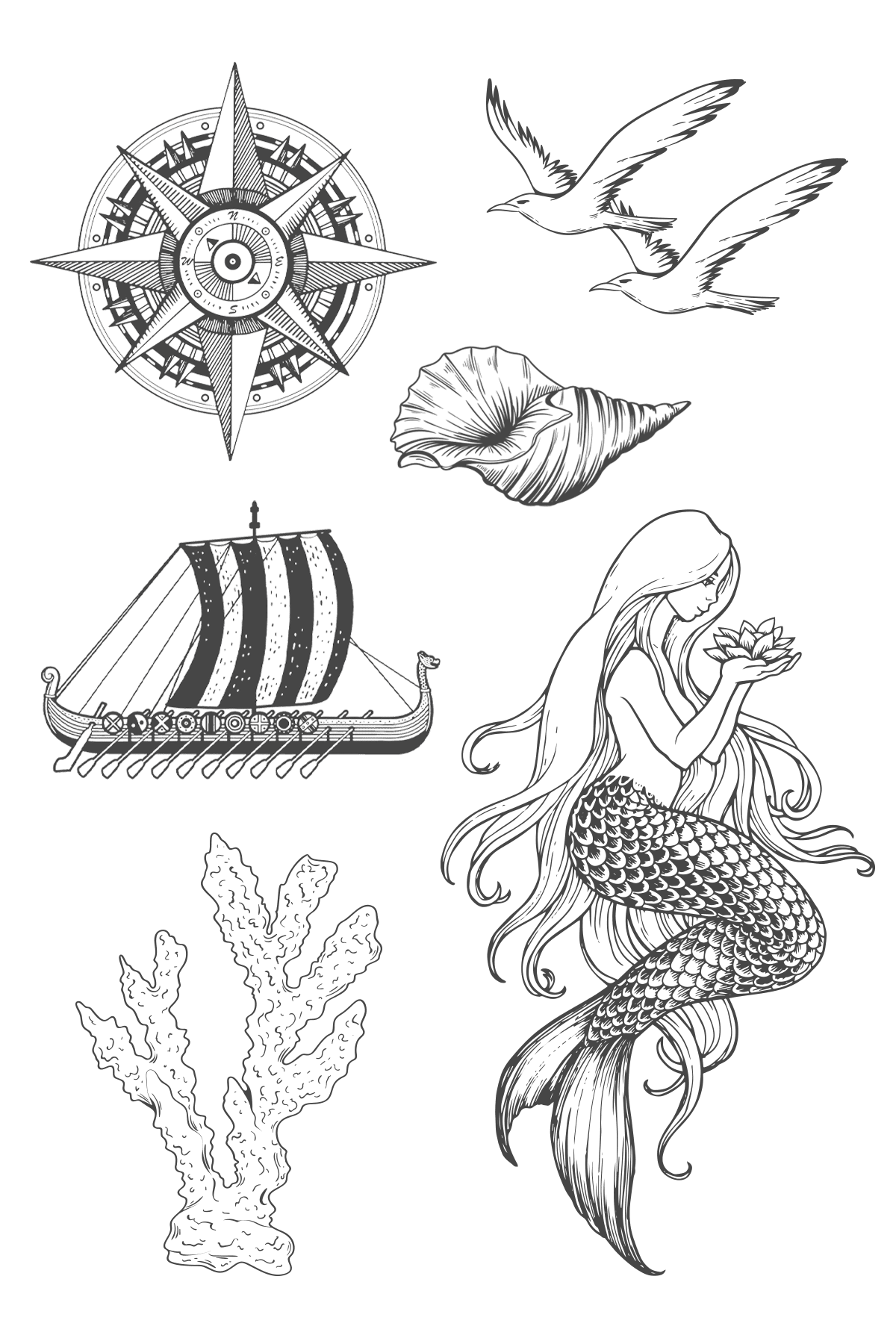Mermaid Nautical Tattoo Sheet 4 in x 6 in