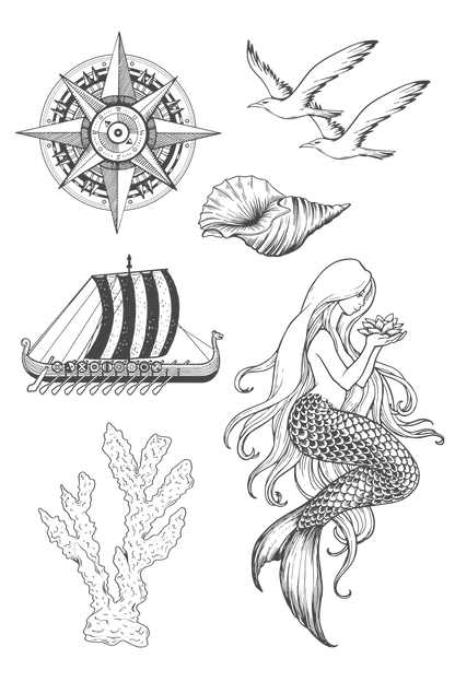 Mermaid Nautical Tattoo Sheet 4 in x 6 in