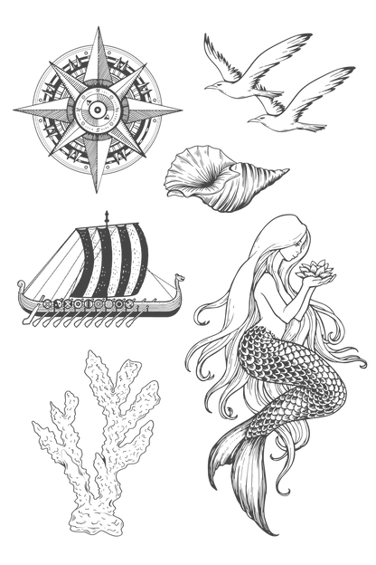 Mermaid Nautical Tattoo Sheet 4 in x 6 in