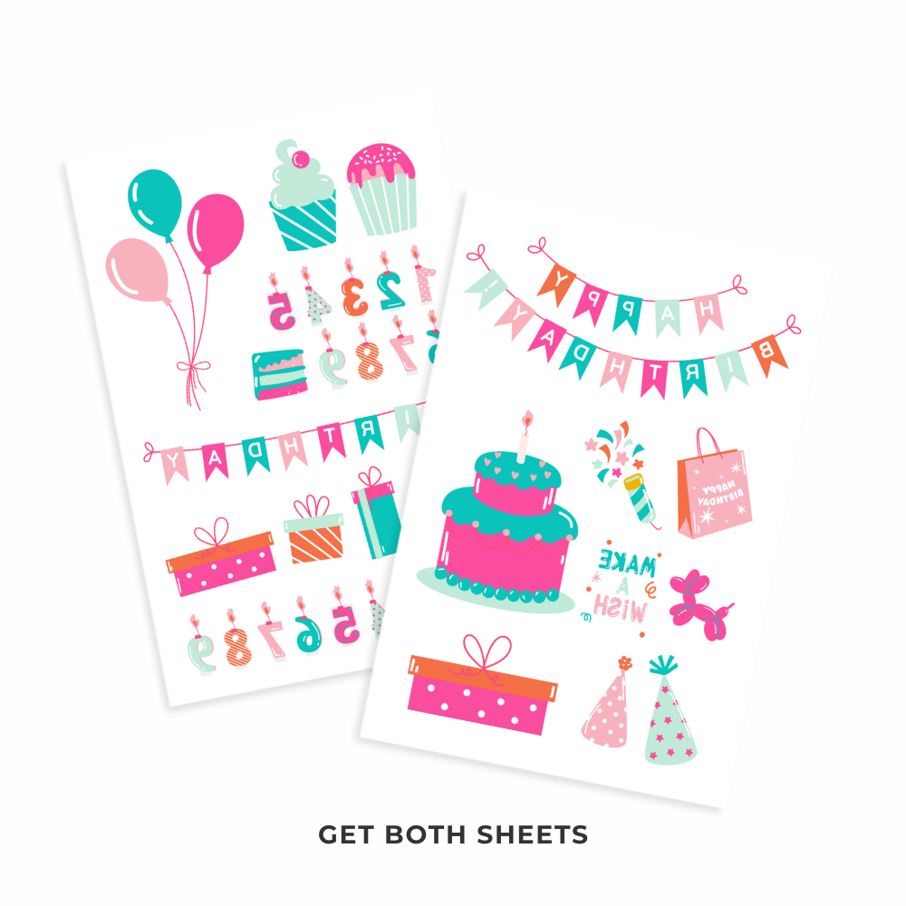 Pink and Teal Balloon and Birthday Tattoos 4 in x 6 in