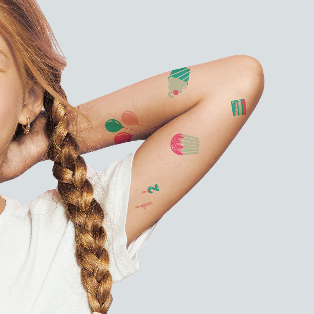 Pink and Teal Balloon and Birthday Tattoos 4 in x 6 in