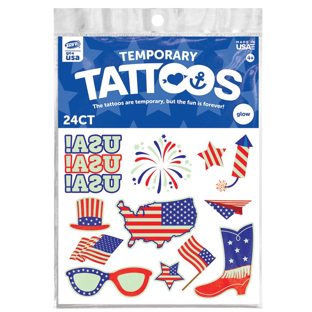 Patriotic Glow-in-the-Dark Temporary Tattoos 24CT Assortment