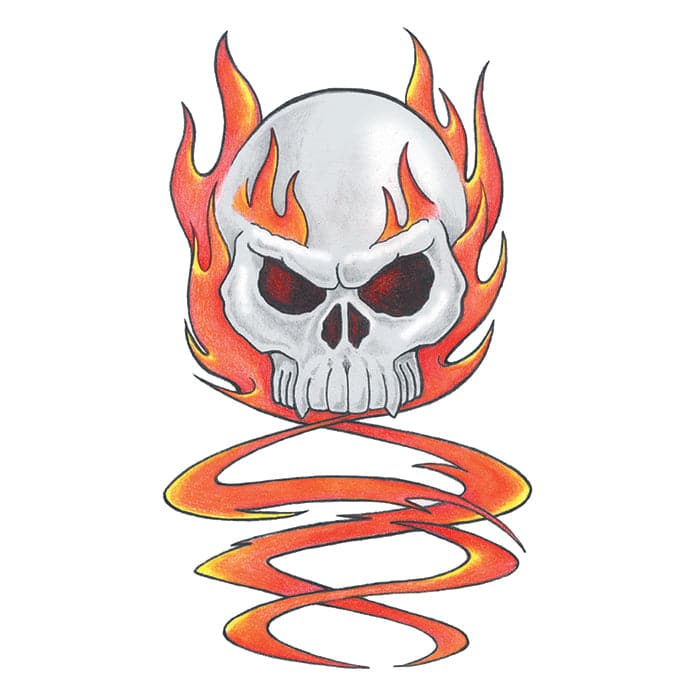 Traditional Skull with Flames Temporary Tattoo 3.5 in x 2.5 in