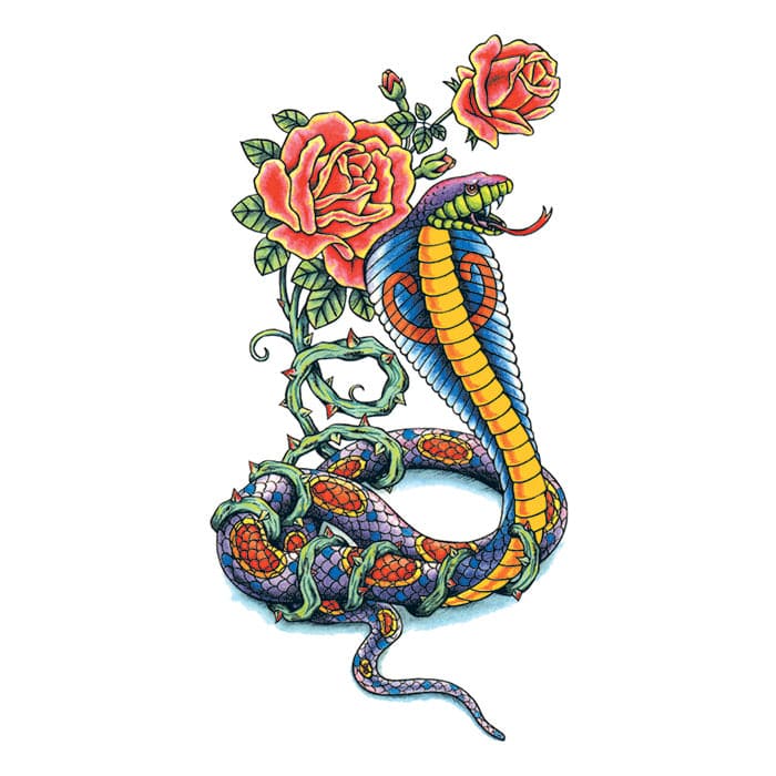 Traditional Cobra with Flowers Temporary Tattoo 3.5 in x 2.5 in