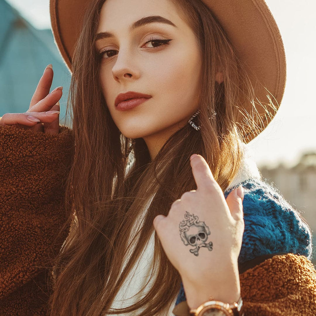 Traditional Smoking Skull Temporary Tattoo 3.5 in x 2.5 in