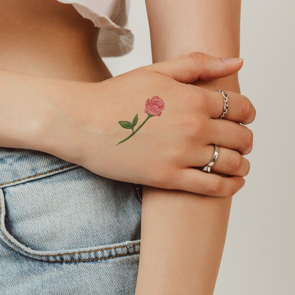 Single Pink Flower Stem Temporary Tattoo 1.5 in x 1.5 in
