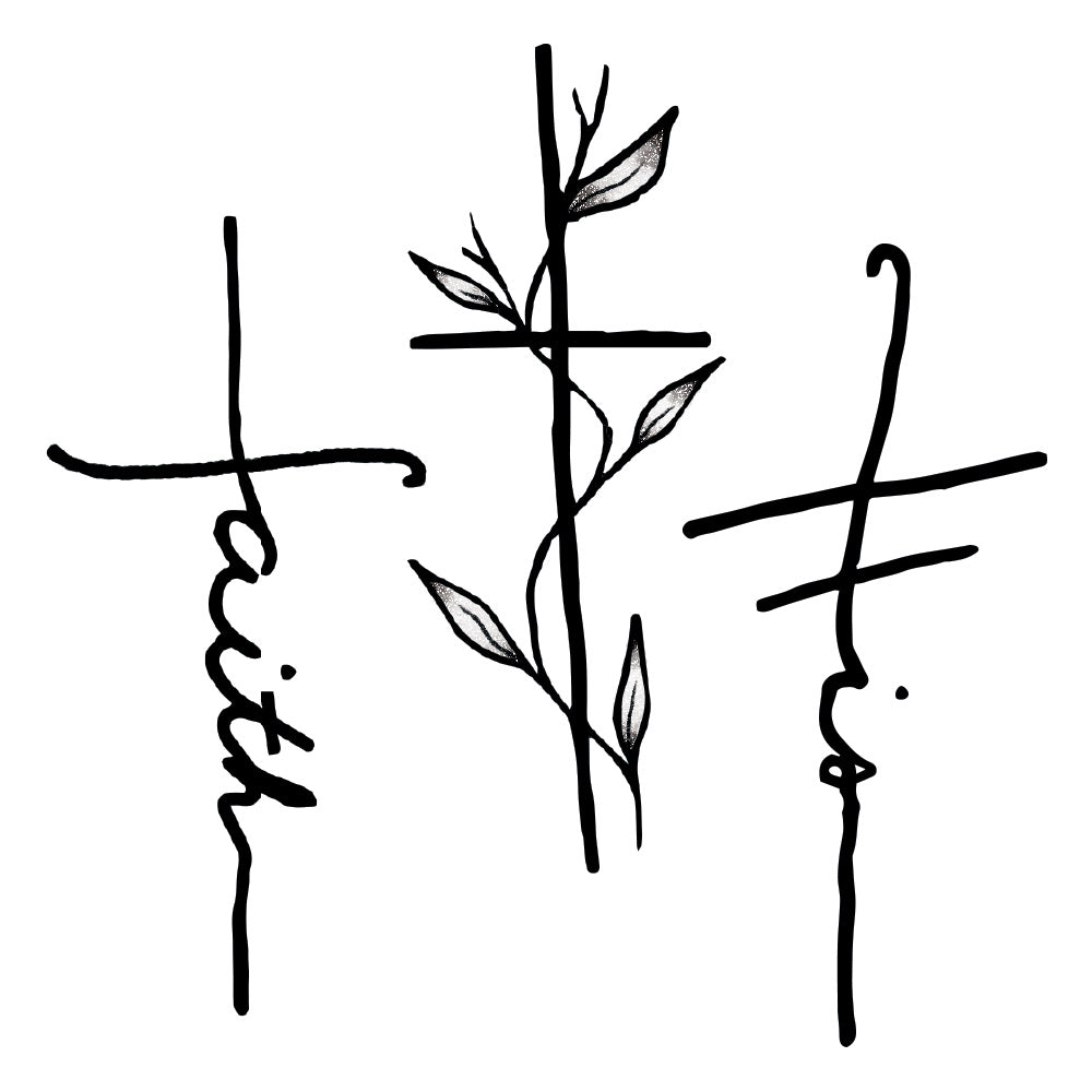 Cursive Faith Cross Hand Drawn Temporary Tattoos Set of 3