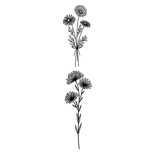 Triple Daisy Fine Line Black Ensemble Temporary Tattoo - Set of 2 - Temporary Tattoos